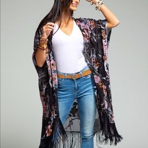 Gray Velvet Burnout Floral Tassel Fringe Kimono